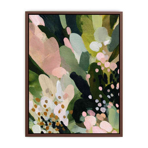 Sage green botanical canvas art with pink florals and leafy abstract details for bedroom decor.