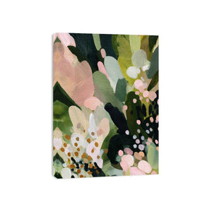 Sage green botanical canvas art with pink florals and leafy abstract details for bedroom decor.