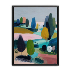 Modern abstract landscape canvas art with trees, river and soft blue green tones for living room decor.