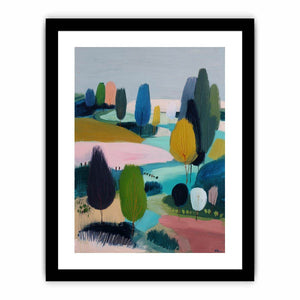 Modern abstract landscape canvas art with trees, river and soft blue green tones for living room decor.