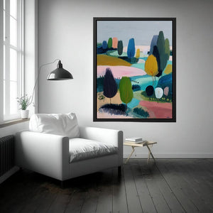 Modern abstract landscape canvas art with trees, river and soft blue green tones for living room decor.