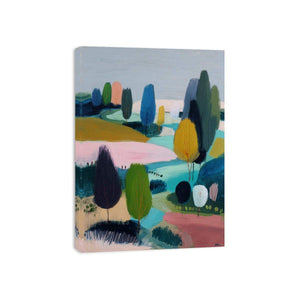 Modern abstract landscape canvas art with trees, river and soft blue green tones for living room decor.