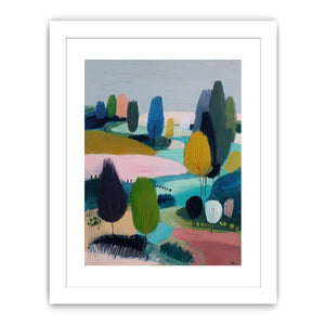 Modern abstract landscape canvas art with trees, river and soft blue green tones for living room decor.