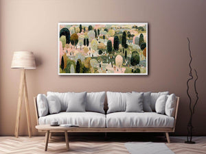 Wide pastel park landscape canvas art with trees and tiny figures for living room decor.