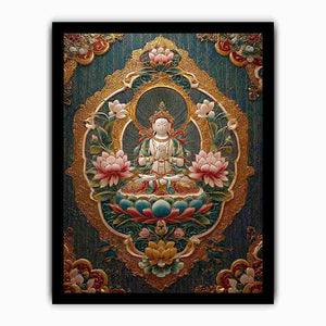 Ornate lotus Buddha canvas art with teal and gold details for spiritual luxury decor.
