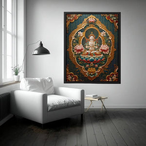 Ornate lotus Buddha canvas art with teal and gold details for spiritual luxury decor.