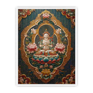 Ornate lotus Buddha canvas art with teal and gold details for spiritual luxury decor.