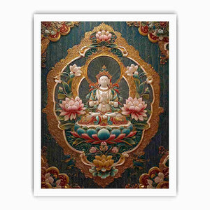 Ornate lotus Buddha canvas art with teal and gold details for spiritual luxury decor.