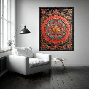 Ornate Tibetan mandala canvas art for meditation room and spiritual home decor.