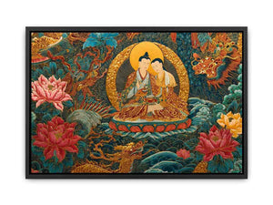 Tibetan spiritual couple canvas art with lotus flowers for peaceful living room decor.