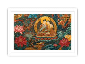 Tibetan spiritual couple canvas art with lotus flowers for peaceful living room decor.