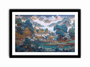 Himalayan temple landscape canvas art with mountains and river for serene decor.