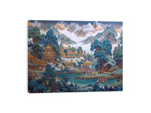 Himalayan temple landscape canvas art with mountains and river for serene decor.