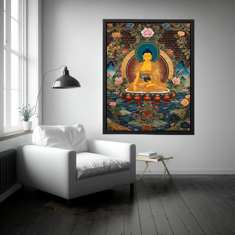 Golden Buddha canvas art with lotus flowers for serene meditation room decor.