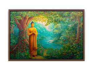 Standing Buddha forest canvas art with river and greenery for calming home decor.