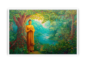 Standing Buddha forest canvas art with river and greenery for calming home decor.