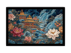 Ornate Asian temple canvas art with blue clouds and peony flowers for luxury decor.