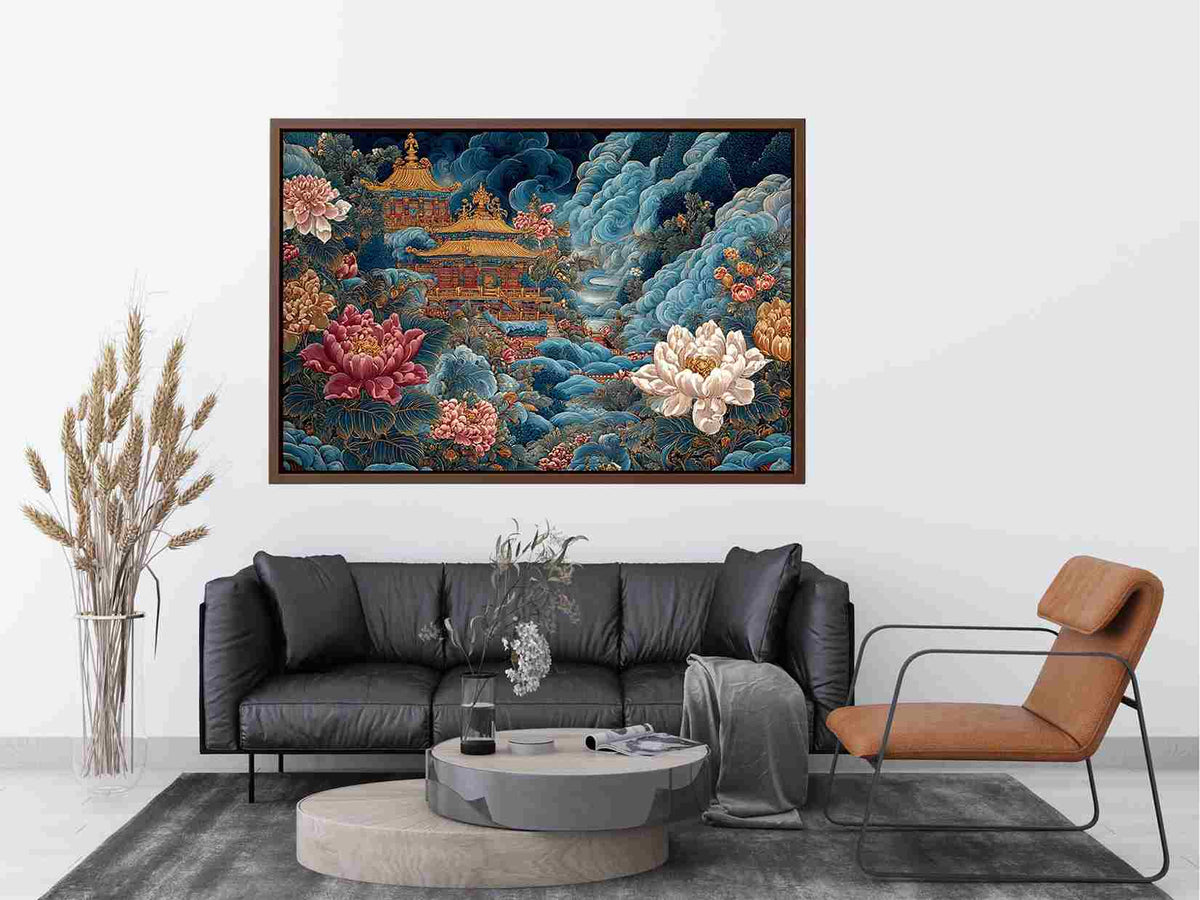Ornate Asian temple canvas art with blue clouds and peony flowers for luxury decor.