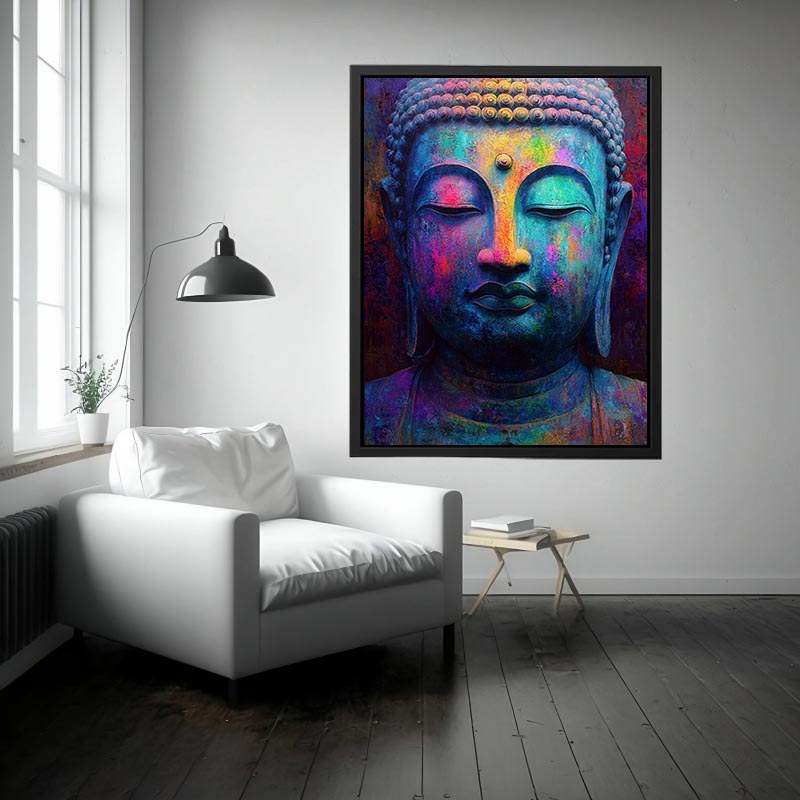 Colorful Buddha portrait canvas art for modern spiritual living room decor.