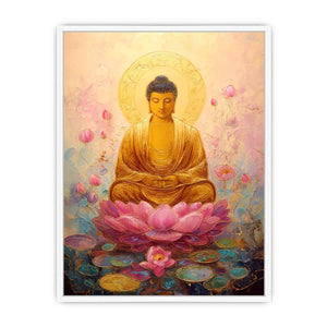 Soft golden Buddha lotus canvas art for peaceful bedroom and meditation decor.