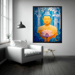 Blue Buddha lotus canvas art for calm bedroom, office or meditation room decor.