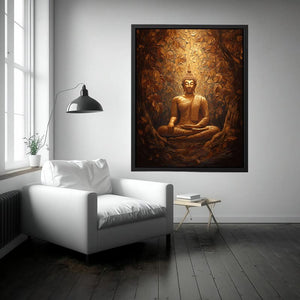 Bronze Buddha statue canvas art with textured leaves for warm spiritual decor.