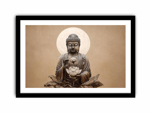 Neutral Buddha lotus canvas art with moon halo for minimalist living room decor.