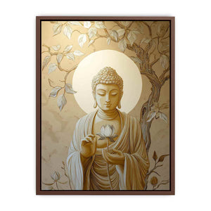 Ivory Buddha lotus canvas art with leaves for elegant neutral spiritual decor.