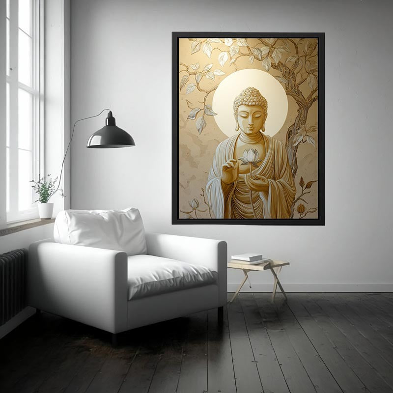 Ivory Buddha lotus canvas art with leaves for elegant neutral spiritual decor.