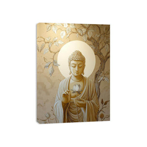 Ivory Buddha lotus canvas art with leaves for elegant neutral spiritual decor.