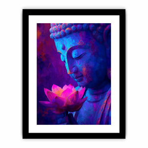 Blue Buddha portrait with glowing lotus flower for peaceful modern spiritual room decor.