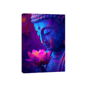 Blue Buddha portrait with glowing lotus flower for peaceful modern spiritual room decor.