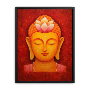 Golden Buddha face with lotus crown for warm spiritual living room or meditation decor.