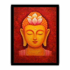 Golden Buddha face with lotus crown for warm spiritual living room or meditation decor.