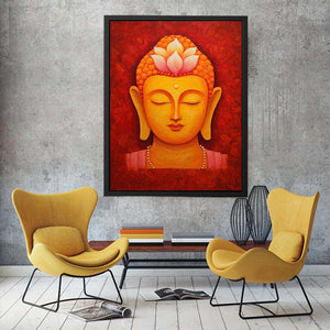 Golden Buddha face with lotus crown for warm spiritual living room or meditation decor.