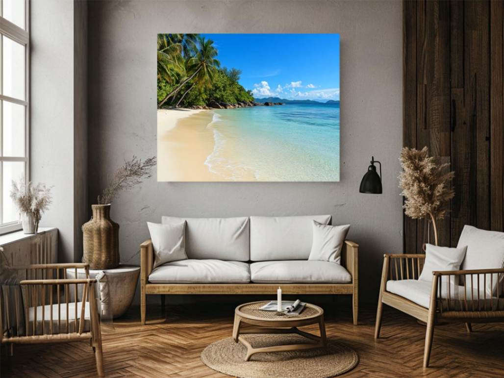 Tropical beach with palm trees and turquoise water canvas art for coastal decor