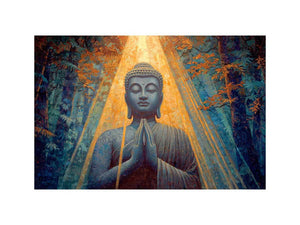Seated Buddha in forest light for peaceful horizontal spiritual canvas wall art.