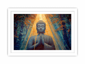 Seated Buddha in forest light for peaceful horizontal spiritual canvas wall art.