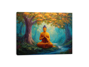 Seated Buddha in peaceful forest with stream for calming spiritual canvas decor.