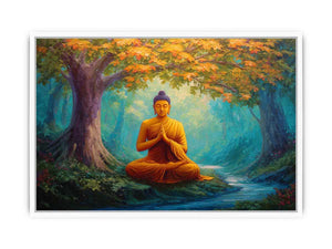 Seated Buddha in peaceful forest with stream for calming spiritual canvas decor.