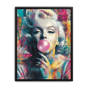Blonde pop art portrait blowing pink bubblegum for bold modern fashion wall decor.