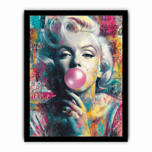 Blonde pop art portrait blowing pink bubblegum for bold modern fashion wall decor.