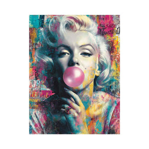 Blonde pop art portrait blowing pink bubblegum for bold modern fashion wall decor.