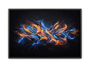 Blue and orange abstract strokes on black for bold modern living room wall art.