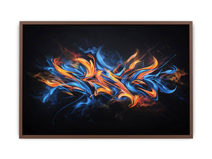Blue and orange abstract strokes on black for bold modern living room wall art.