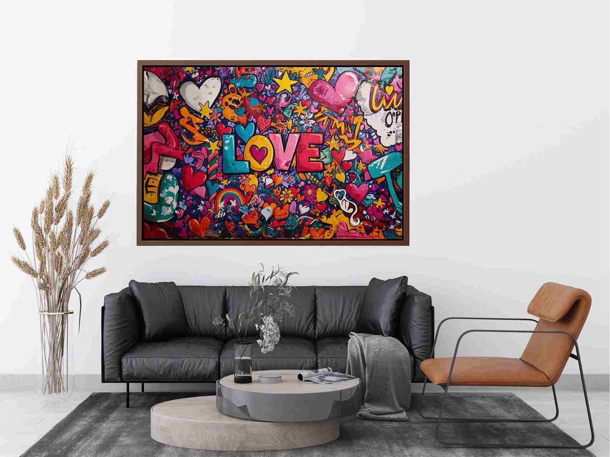 Colourful love graffiti wall with hearts and stars for cheerful modern room decor.