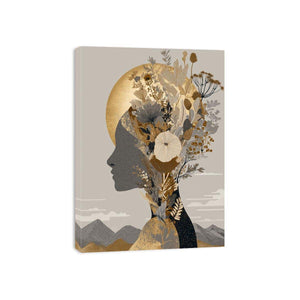 Neutral botanical woman profile with gold moon for elegant modern bedroom wall art.