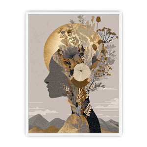 Neutral botanical woman profile with gold moon for elegant modern bedroom wall art.