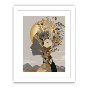 Neutral botanical woman profile with gold moon for elegant modern bedroom wall art.