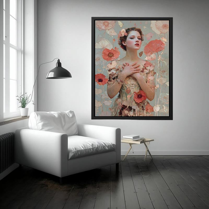 Soft floral woman portrait with butterflies for romantic bedroom canvas decor.